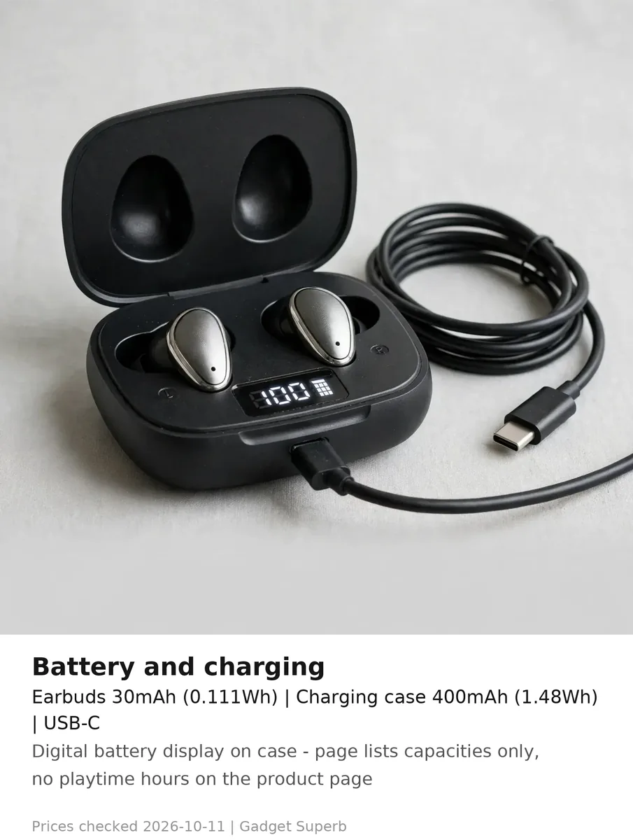 Vention Tiny T13 battery and charging card: earbuds 30mAh, charging case 400mAh, USB-C, digital battery display on case