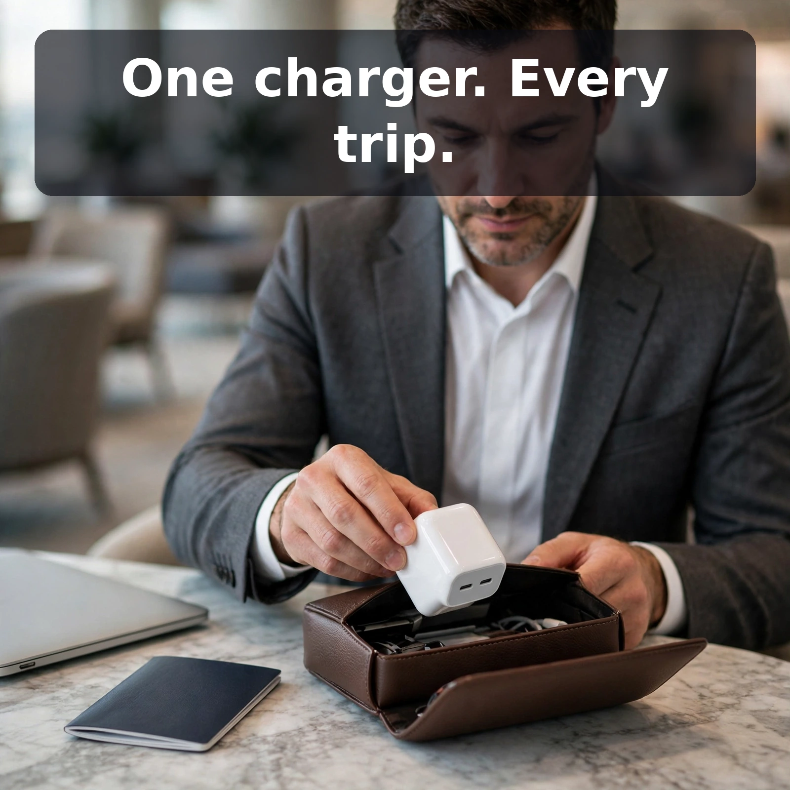 Vention 35W GaN charger with dual USB-C ports being packed for travel