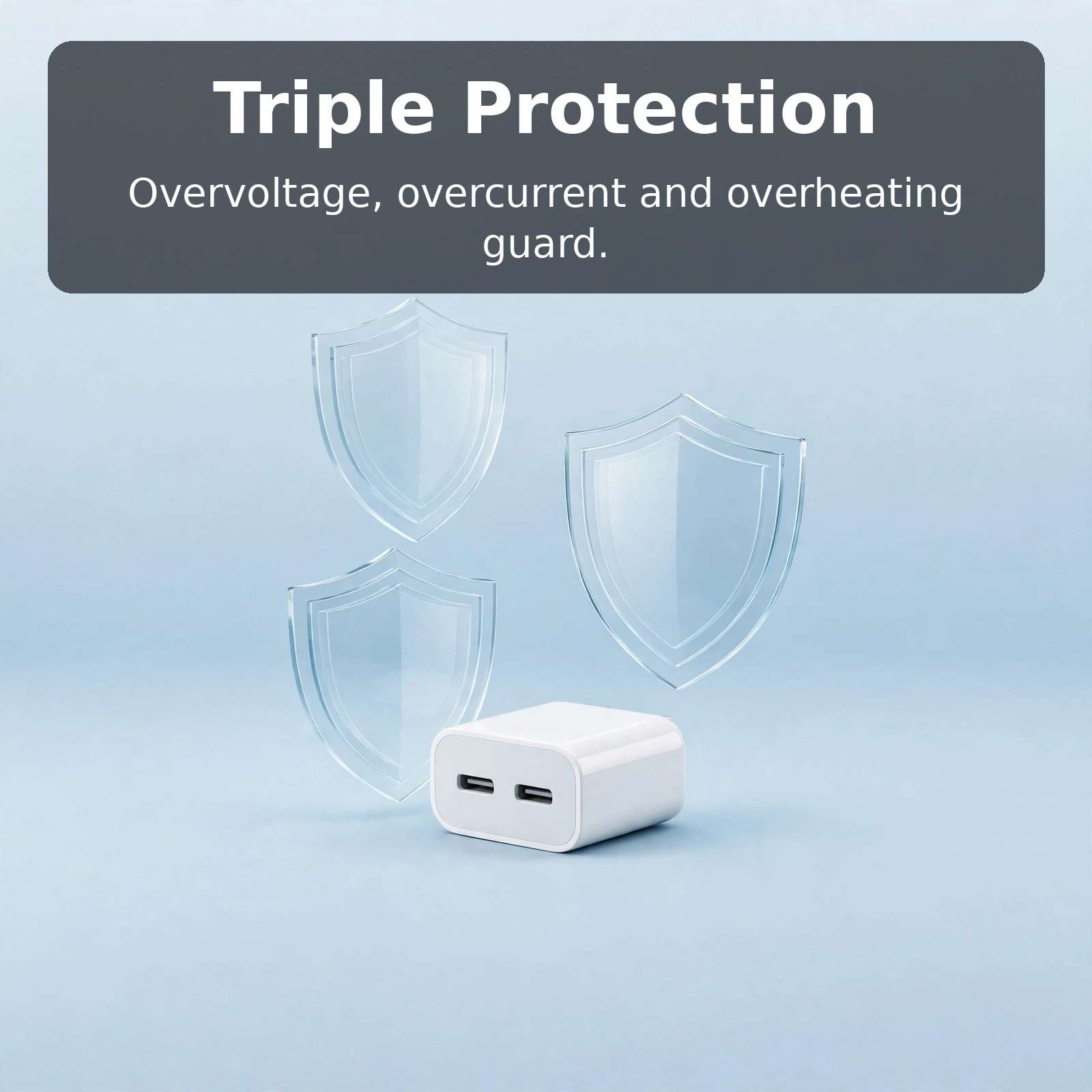 Triple protection card showing overvoltage overcurrent and overheating guards on the Vention 35W GaN charger