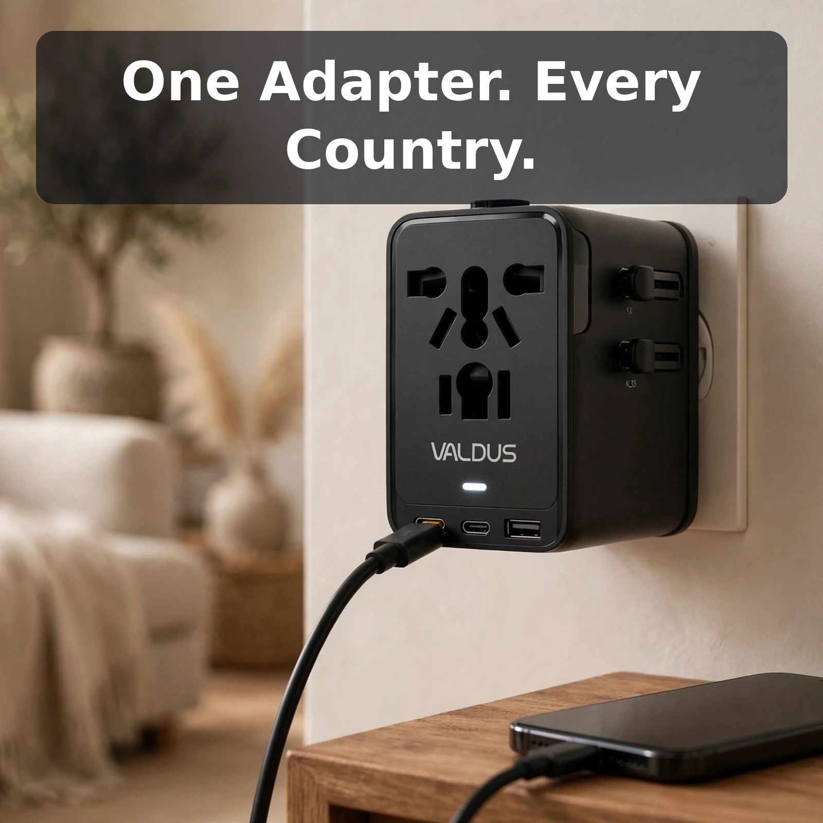 VALDUS VL33 travel adapter plugged into a wall socket charging a smartphone