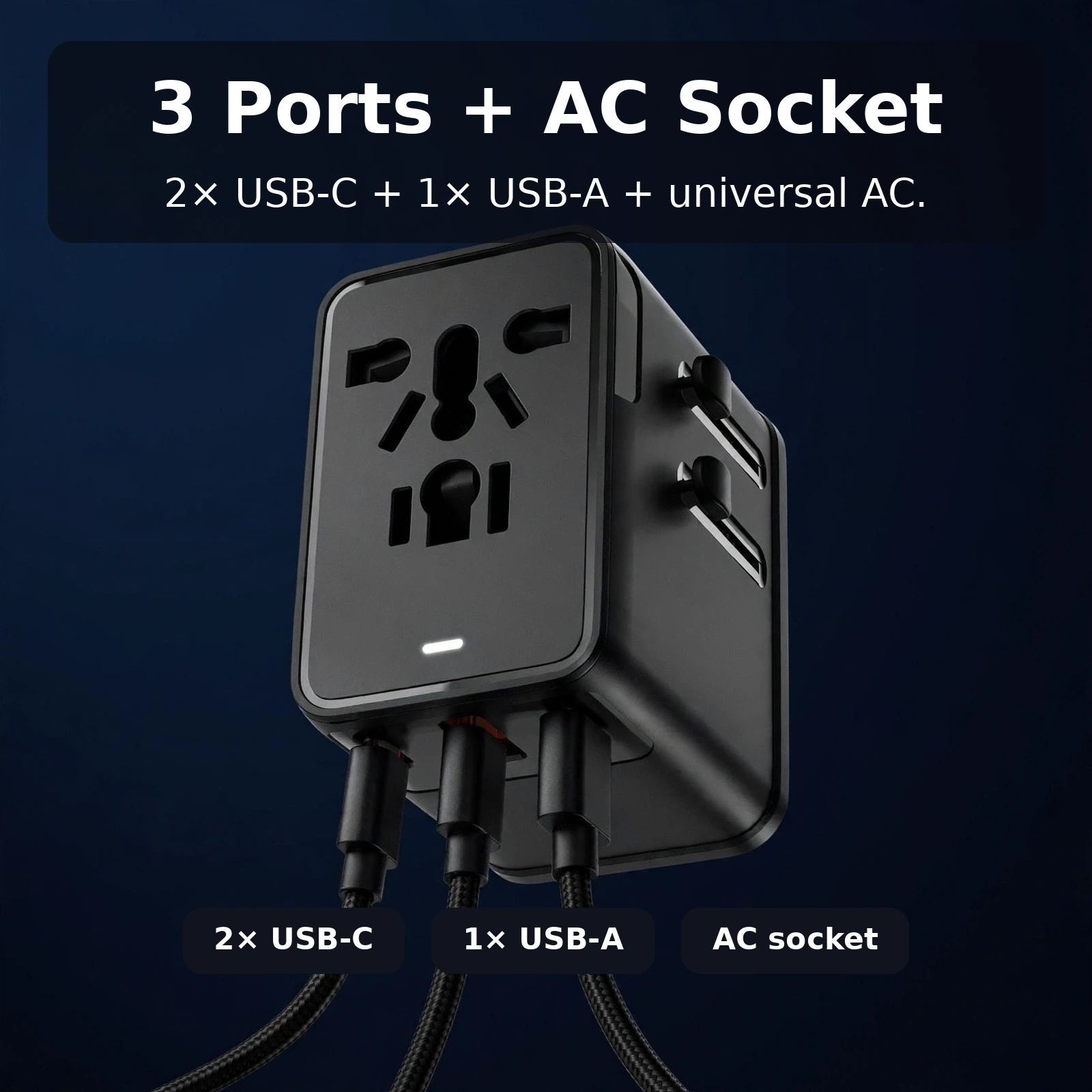 VALDUS VL33 travel adapter with three USB cables connected to its 2x USB-C and 1x USB-A ports