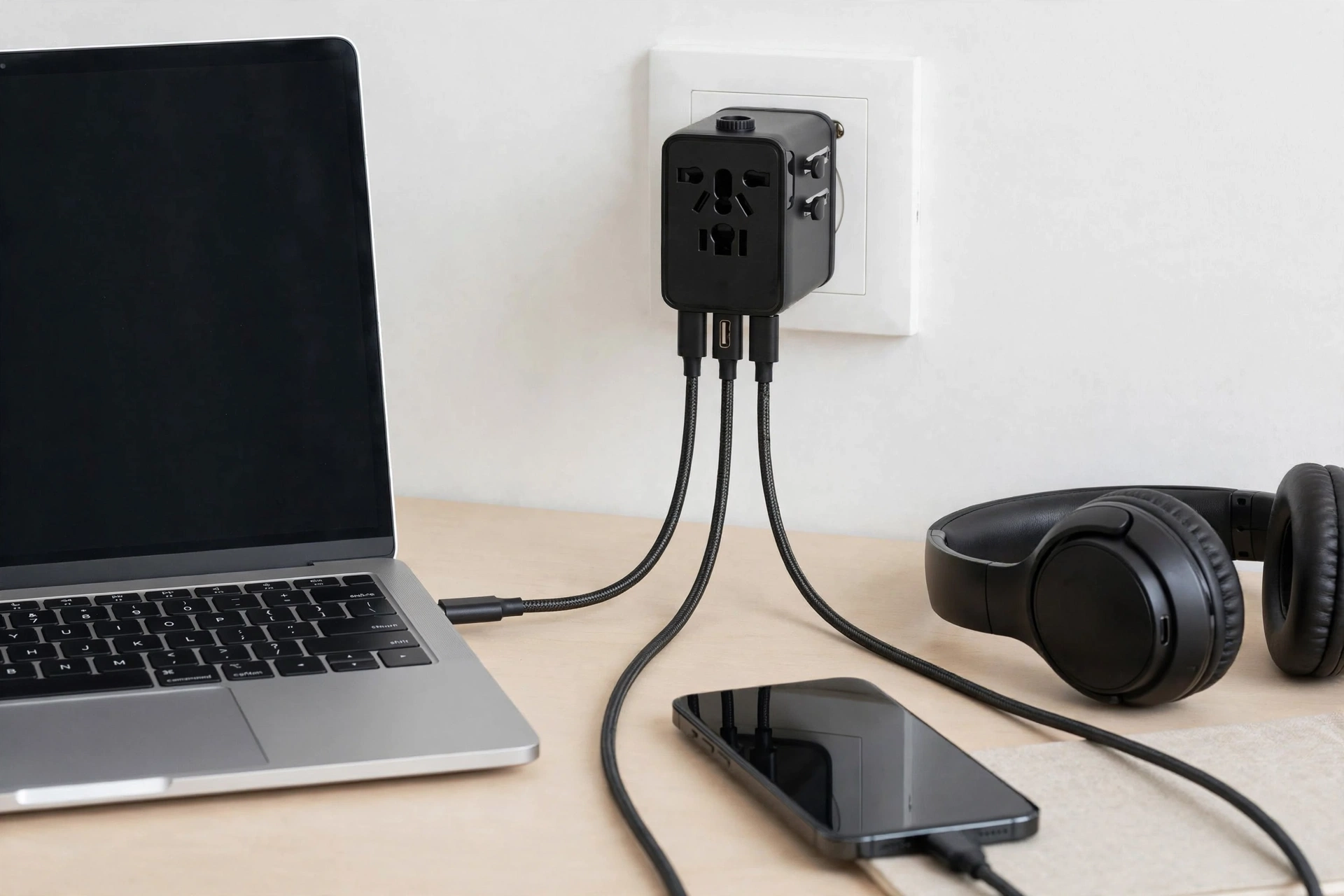VALDUS VL33 travel adapter plugged into a wall outlet charging a laptop phone and headphones through its USB ports