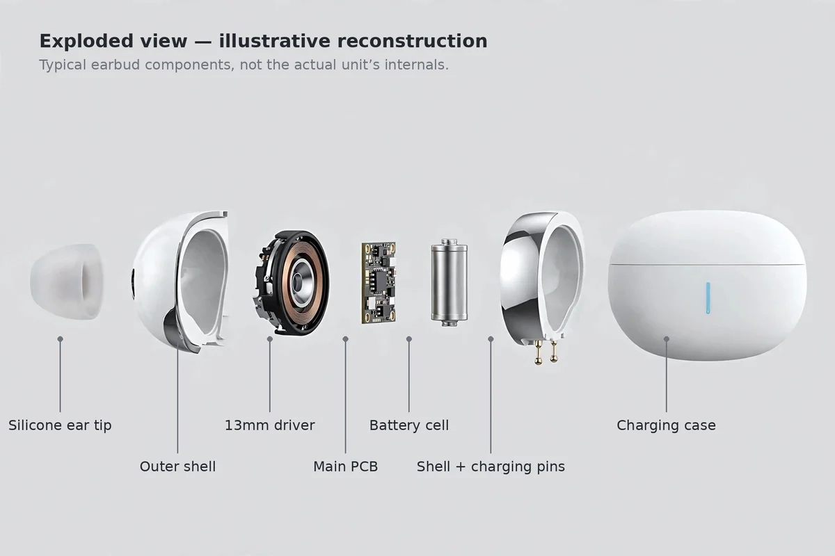 Illustrative exploded view of typical earbud components including the 13mm driver, battery cell, PCB and charging pins, not the actual unit's internals
