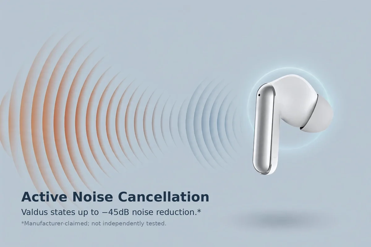 Valdus VNC-350 ANC benefit visualization: city noise waves flattening toward the earbud, up to minus 45dB manufacturer-claimed