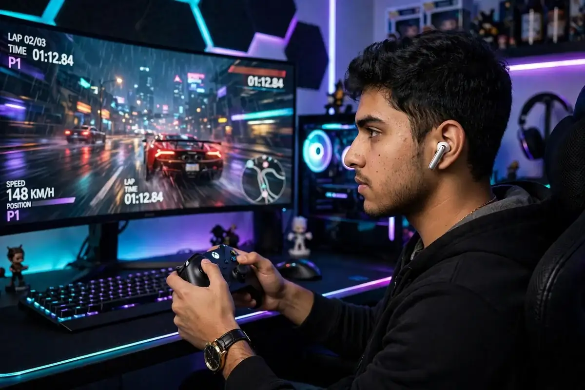 Young man wearing a white Valdus VNC-350 earbud in a gaming room