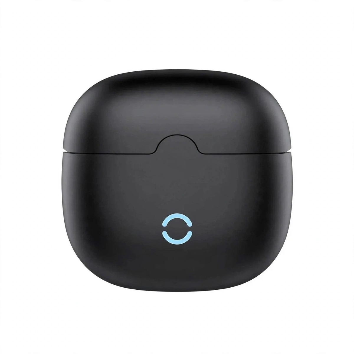 Closed Wiwu T32 pebble charging case with glowing blue arc LED on the front face