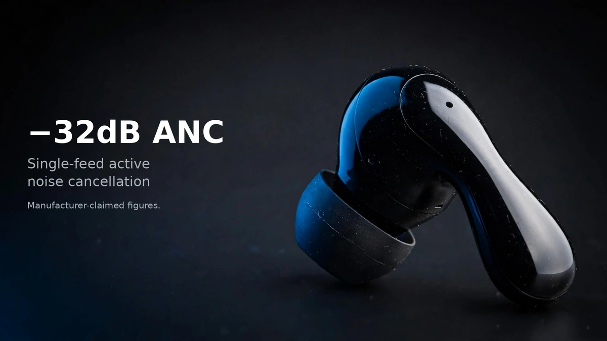 Wiwu T32 feature card: minus 32dB ANC single-feed active noise cancellation with 2-mic ENC, manufacturer-claimed figures