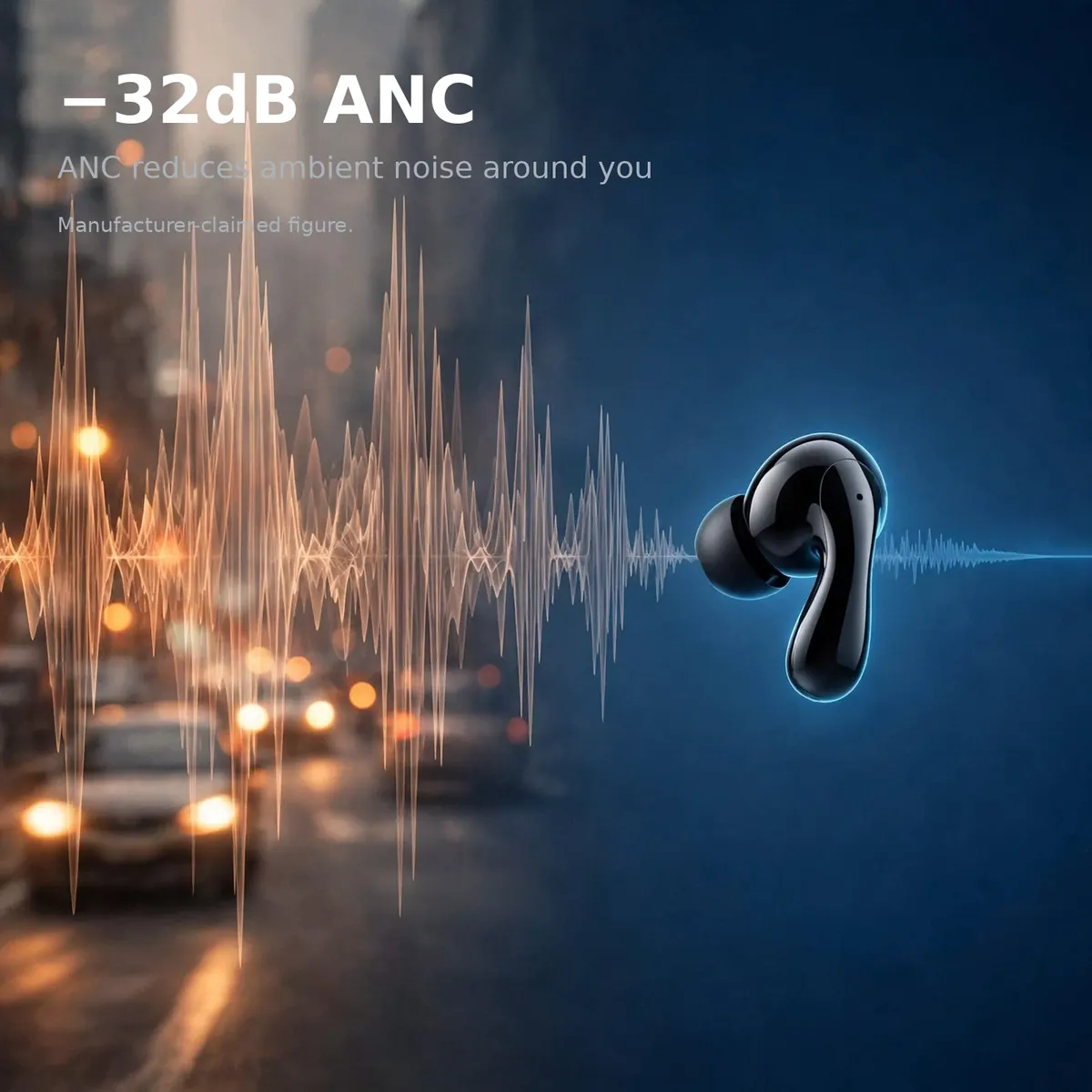 Wiwu T32 ANC illustration: city sound waves flattening into a calm zone around the earbud, manufacturer-claimed minus 32dB
