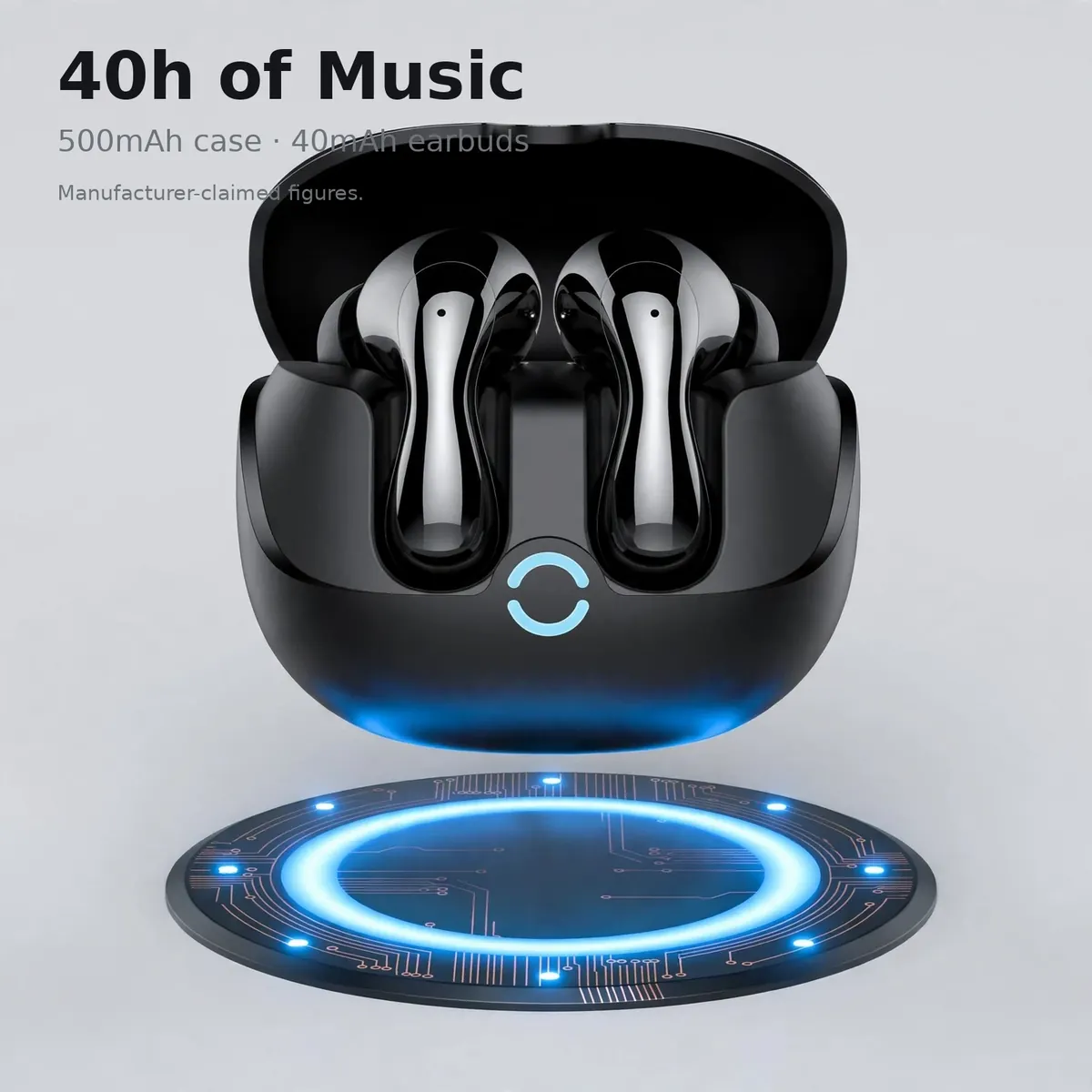 Wiwu T32 battery system visualization: open charging case over an energy ring, 500mAh case and 40mAh earbuds, manufacturer-claimed