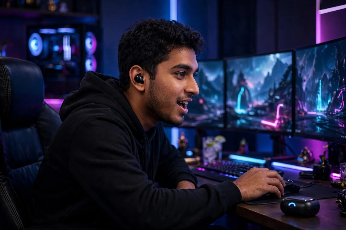 Young man wearing Wiwu T32 earbuds in an RGB gaming room