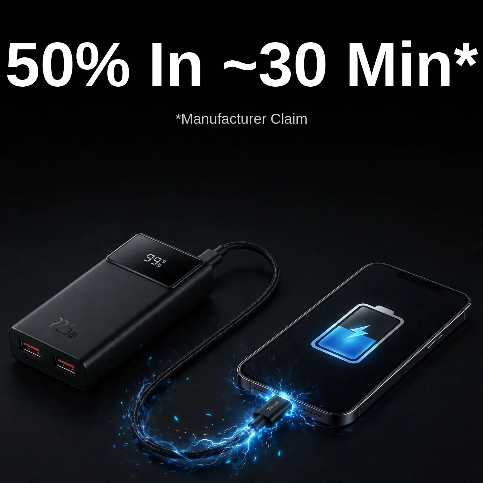 Baseus Star-Lord 22.5W fast charging with manufacturer claim of 50 percent in about 30 minutes