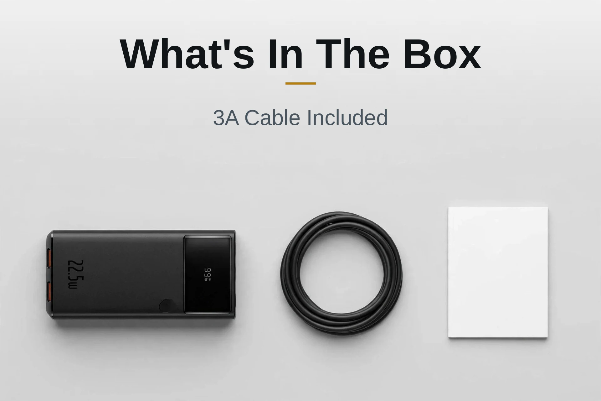What is in the box: Baseus Star-Lord power bank, 3A USB to Type-C cable and manual