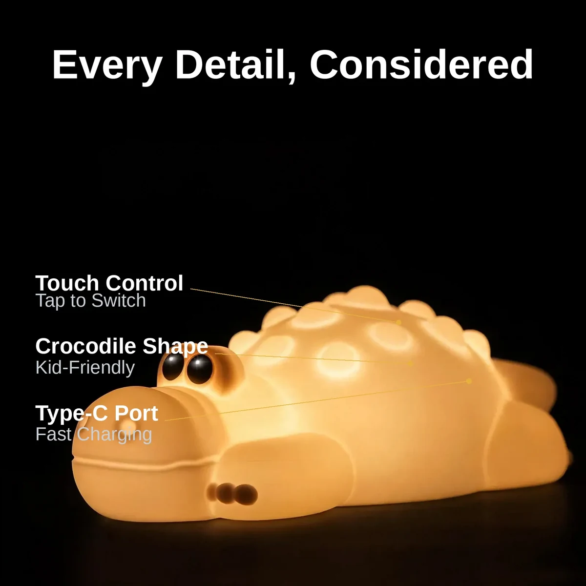 Crocodile silicone night light with callouts for crocodile shape, touch control, and Type-C charging
