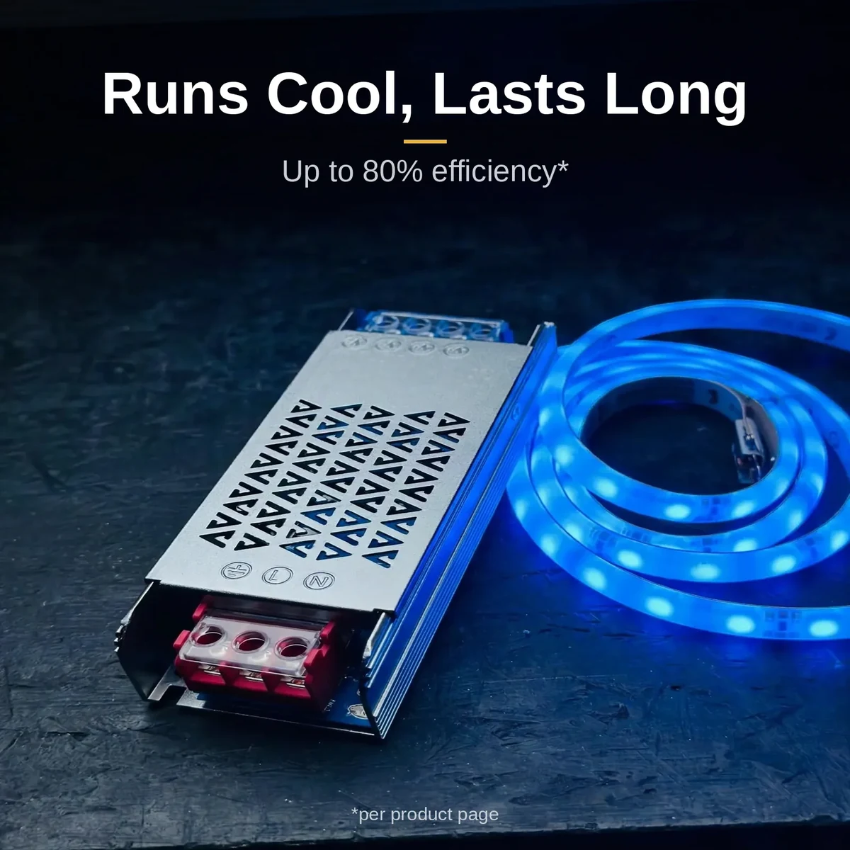 GearUP 100W driver beside a glowing neon strip installation in cool blue light