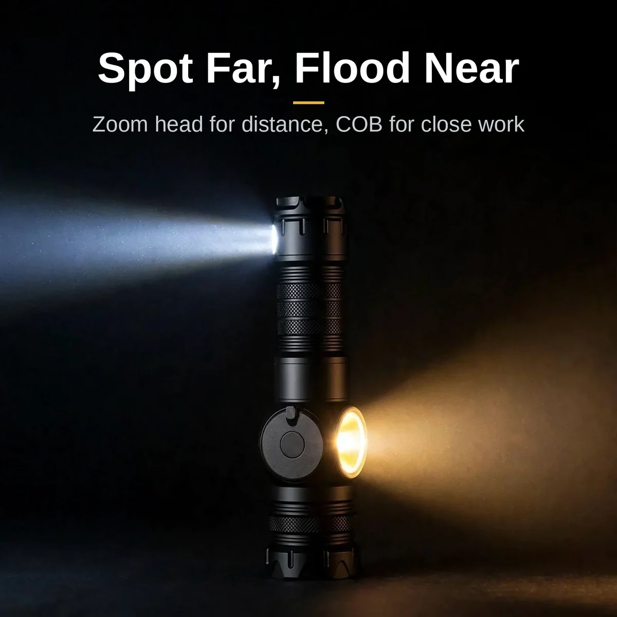 GearUP K60 flashlight dual-beam design with LED spotlight and COB side panel