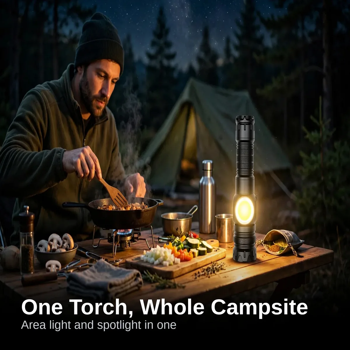 GearUP K60 flashlight lighting up a campsite at night