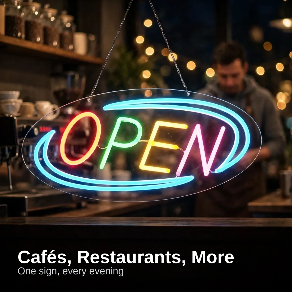 GearUP OPEN20R neon sign glowing in multicolor in a cafe window at night