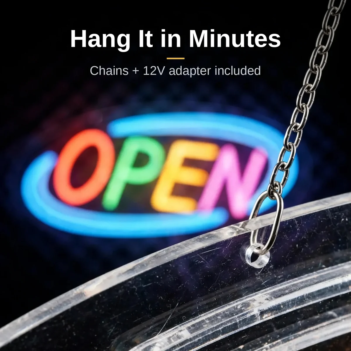 Close-up of the GearUP OPEN20R neon sign clear acrylic backing edge and hanging chain