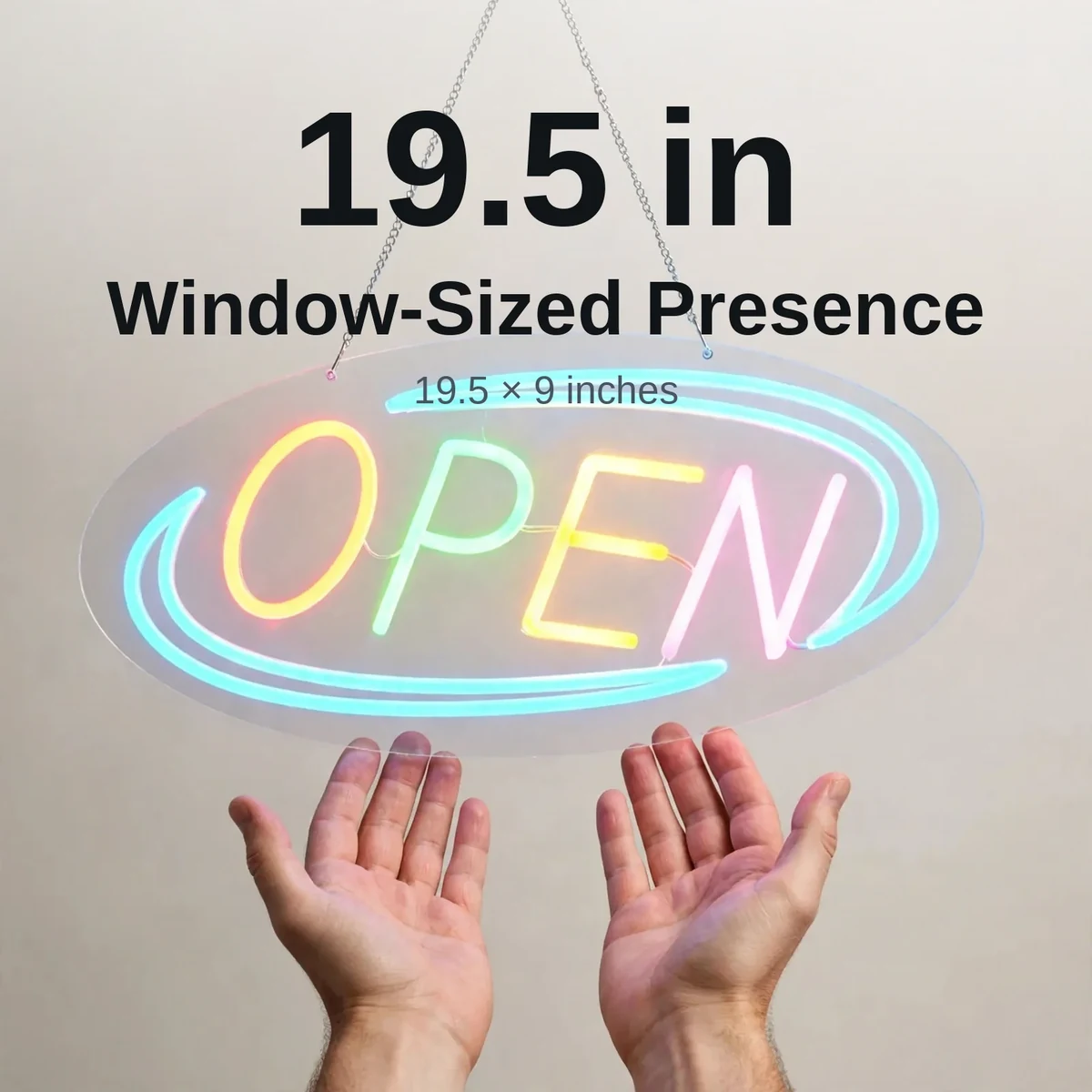 GearUP OPEN20R neon sign showing 19.5 by 9 inch window-sized presence