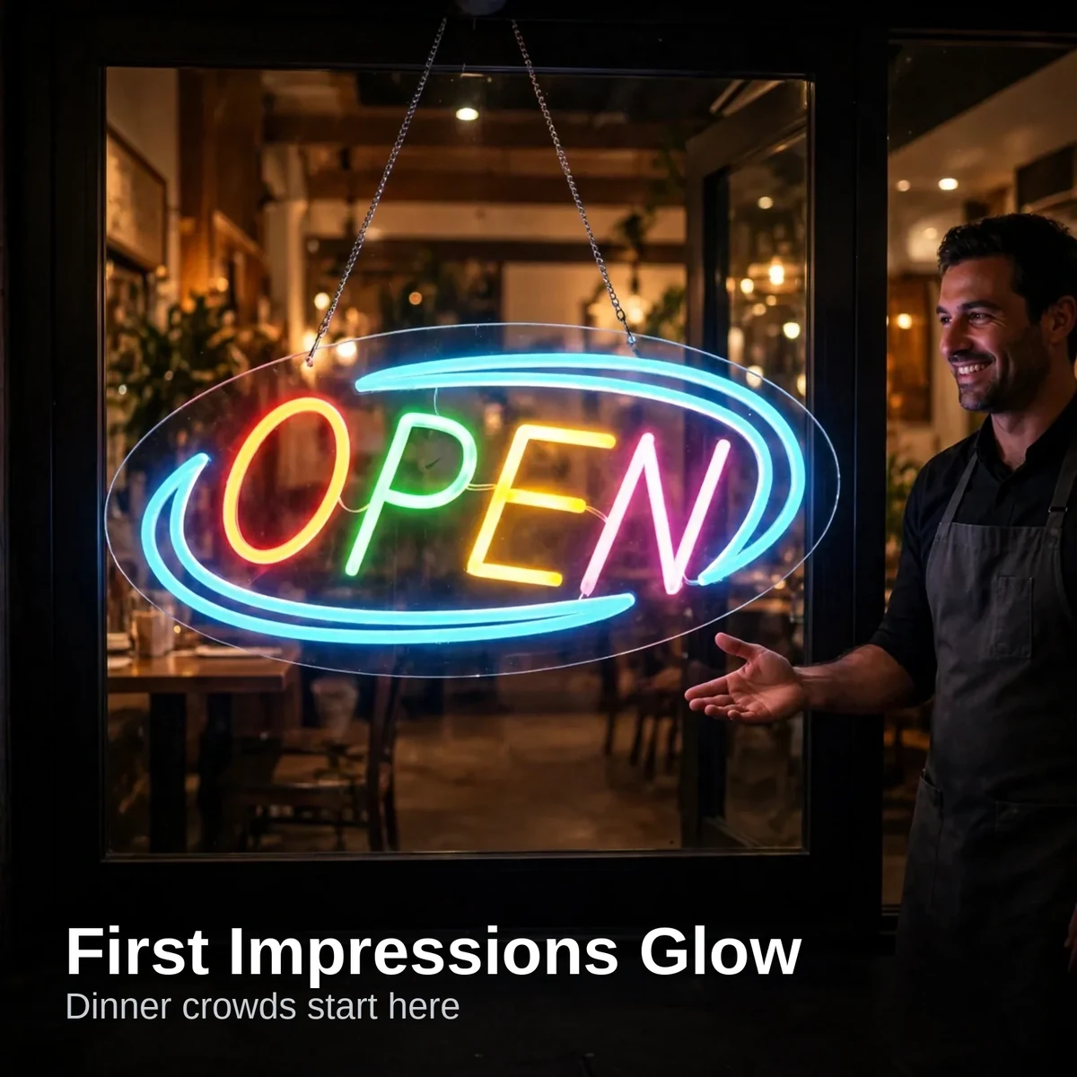 GearUP OPEN20R neon sign glowing at a restaurant entrance at night