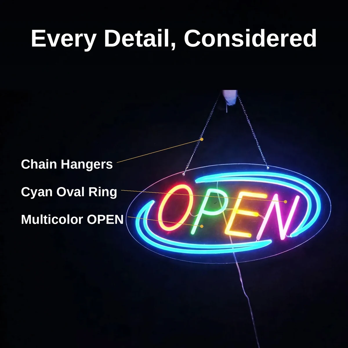 GearUP OPEN20R neon sign with callouts for multicolor OPEN letters, cyan oval ring, and chain hangers