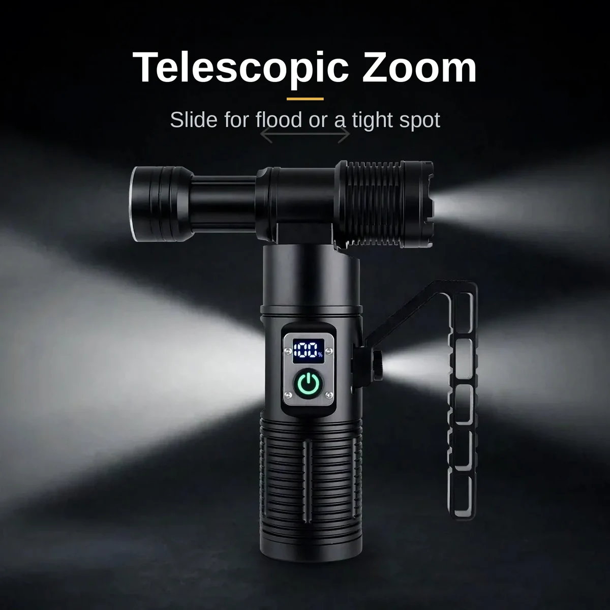 Telescopic zoom head of the GearUP SL500 PRO adjusting between flood and spot beams
