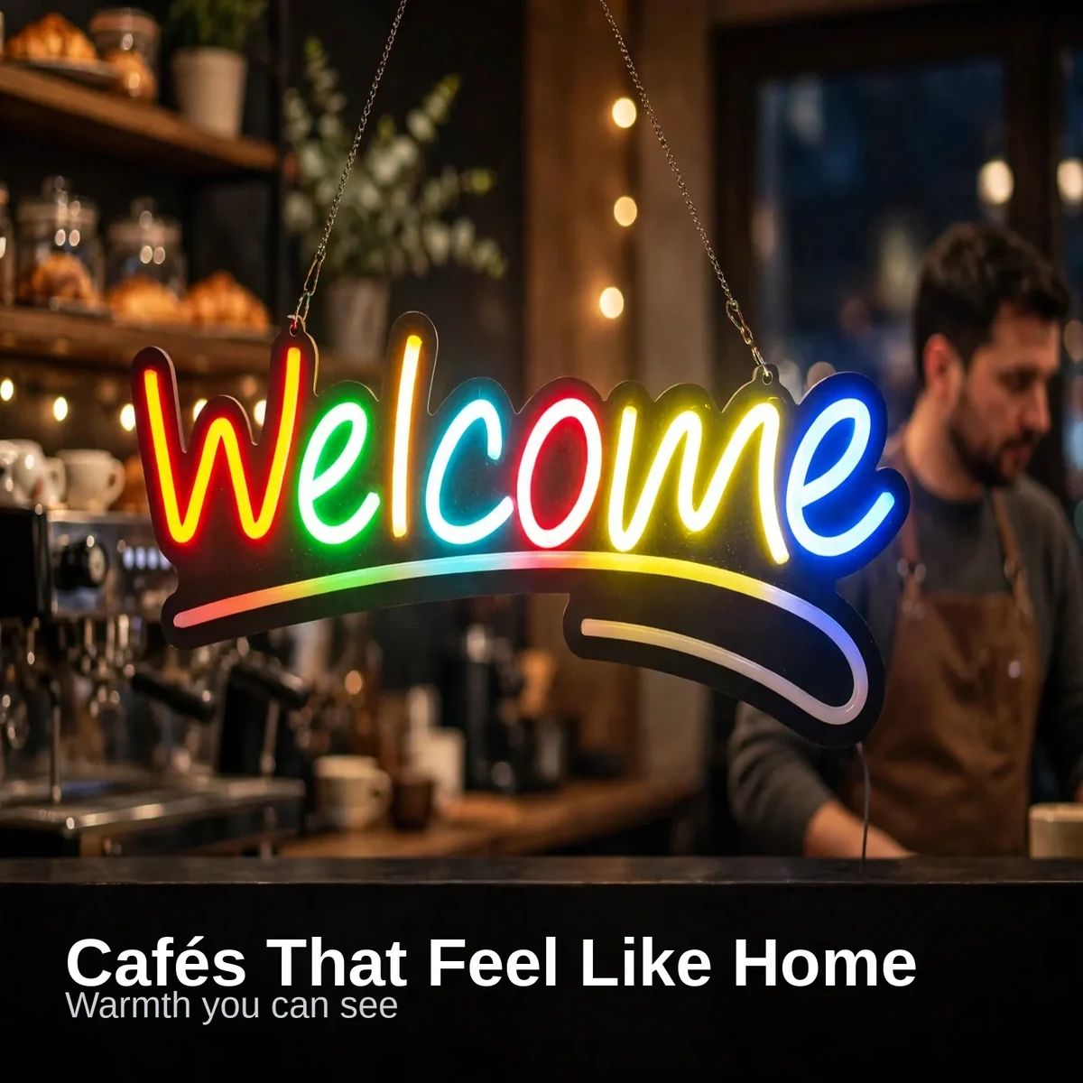 GearUP WELCOME neon sign glowing in multicolor script at a restaurant entrance