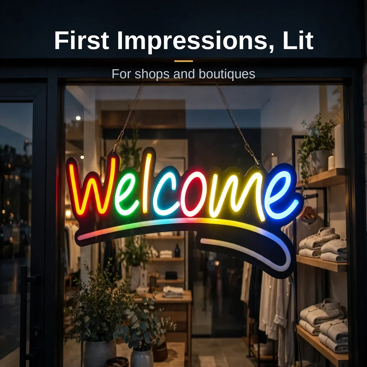 GearUP WELCOME neon sign glowing in a boutique storefront entrance at dusk