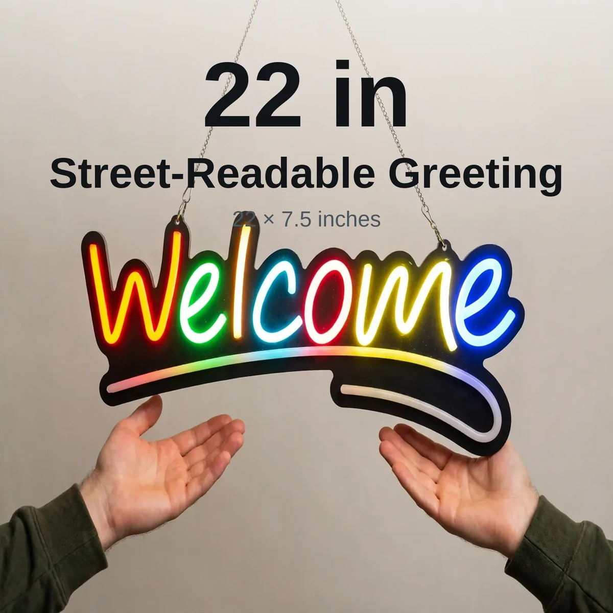 GearUP WELCOME neon sign showing 22 by 7.5 inch street-readable width