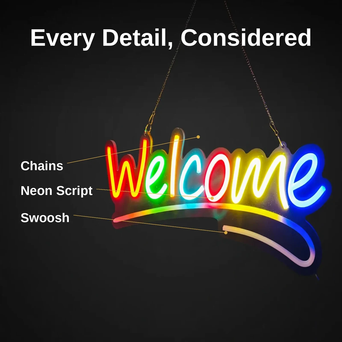 GearUP WELCOME neon sign with callouts for multicolor script, underline swoosh, and chain hangers