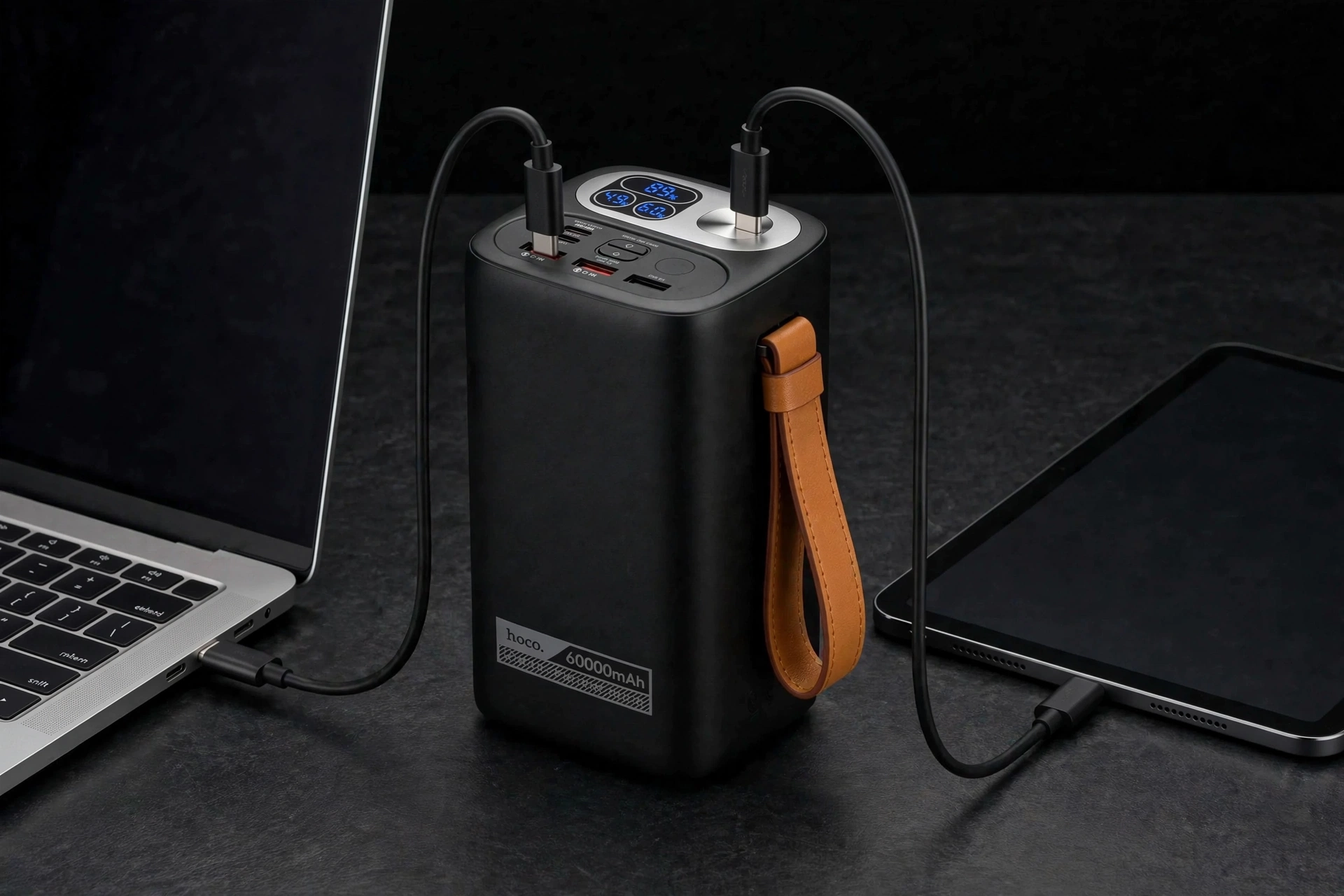 Hoco DB160 charging a laptop and tablet at once from its dual Type-C ports
