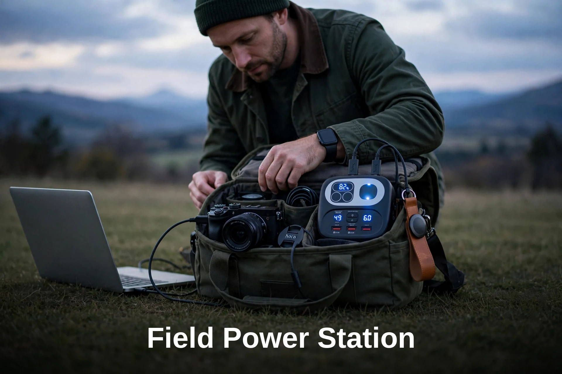 Photographer using the Hoco DB160 as a field power station for camera and laptop