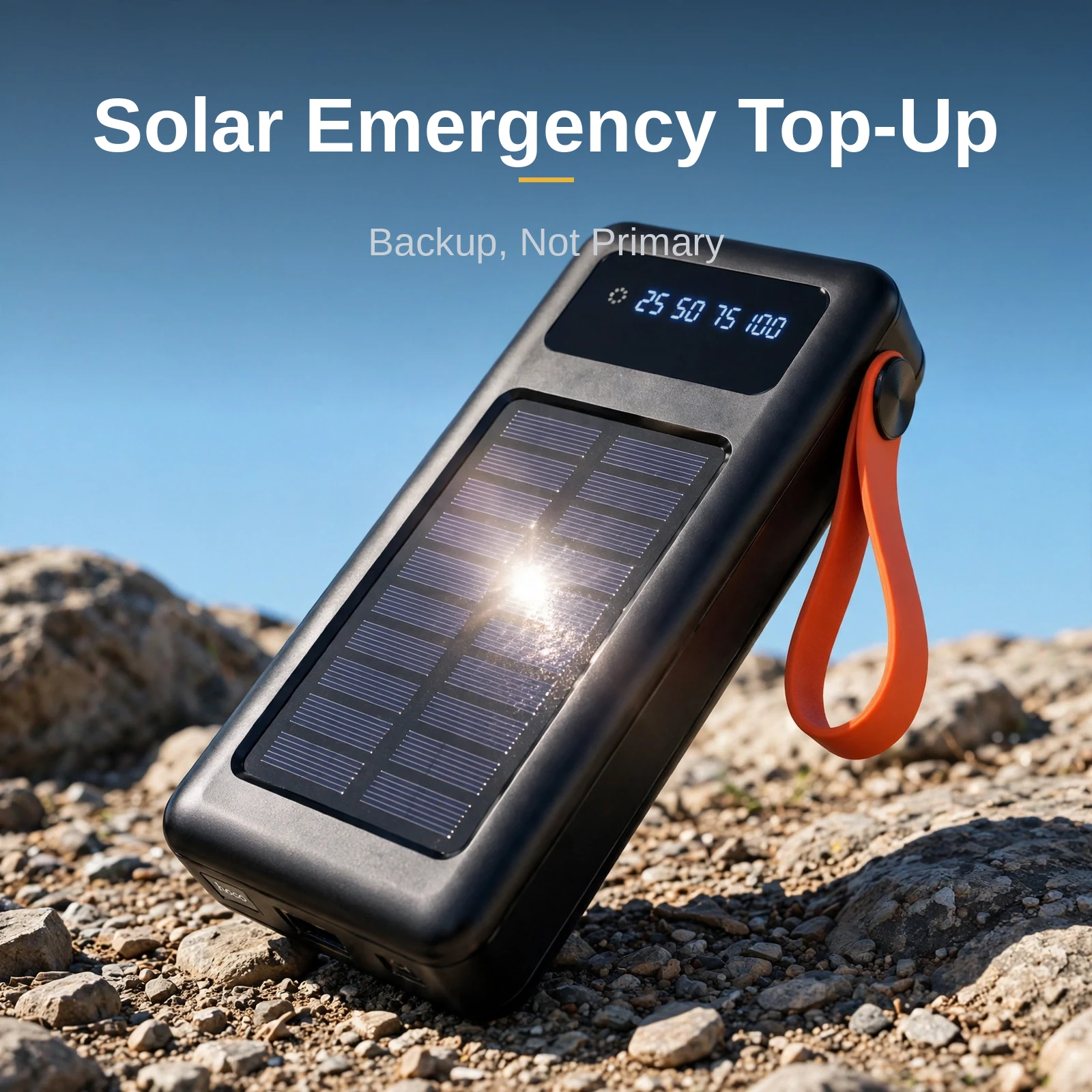 Hoco DB33 Plus 30000mAh power bank price — solar panel angled toward sunlight for emergency top-up