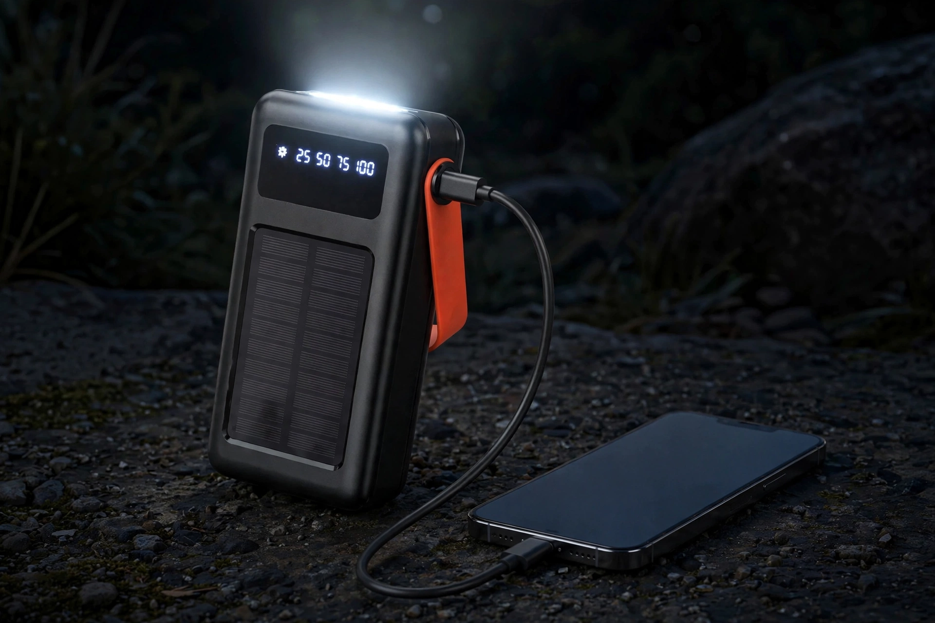 Hoco DB33 Plus LED light glowing in the dark while charging a phone