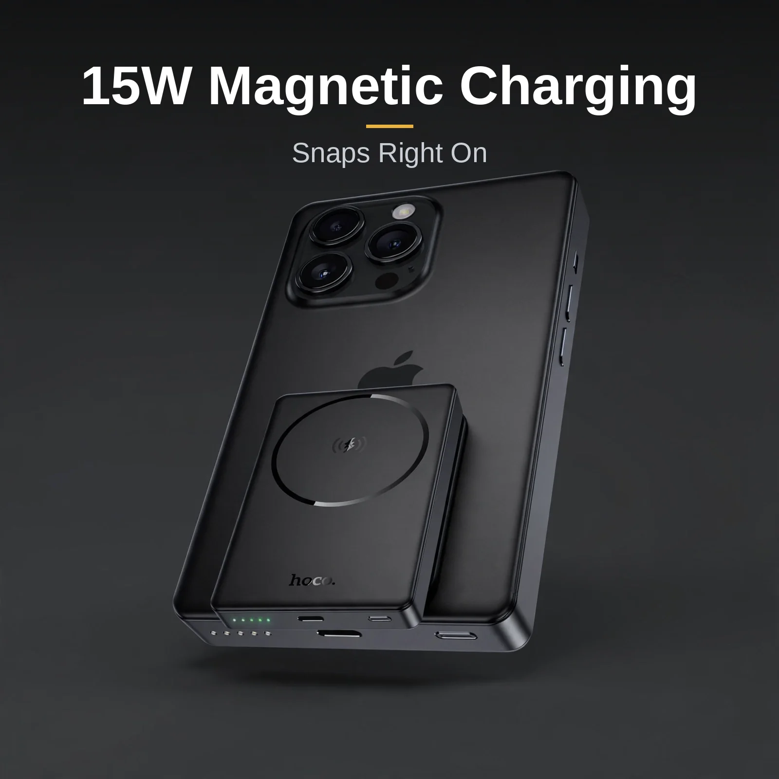Hoco DB98A power bank price — Hoco DB98A Storm snapped onto iPhone showing 15W magnetic wireless charging