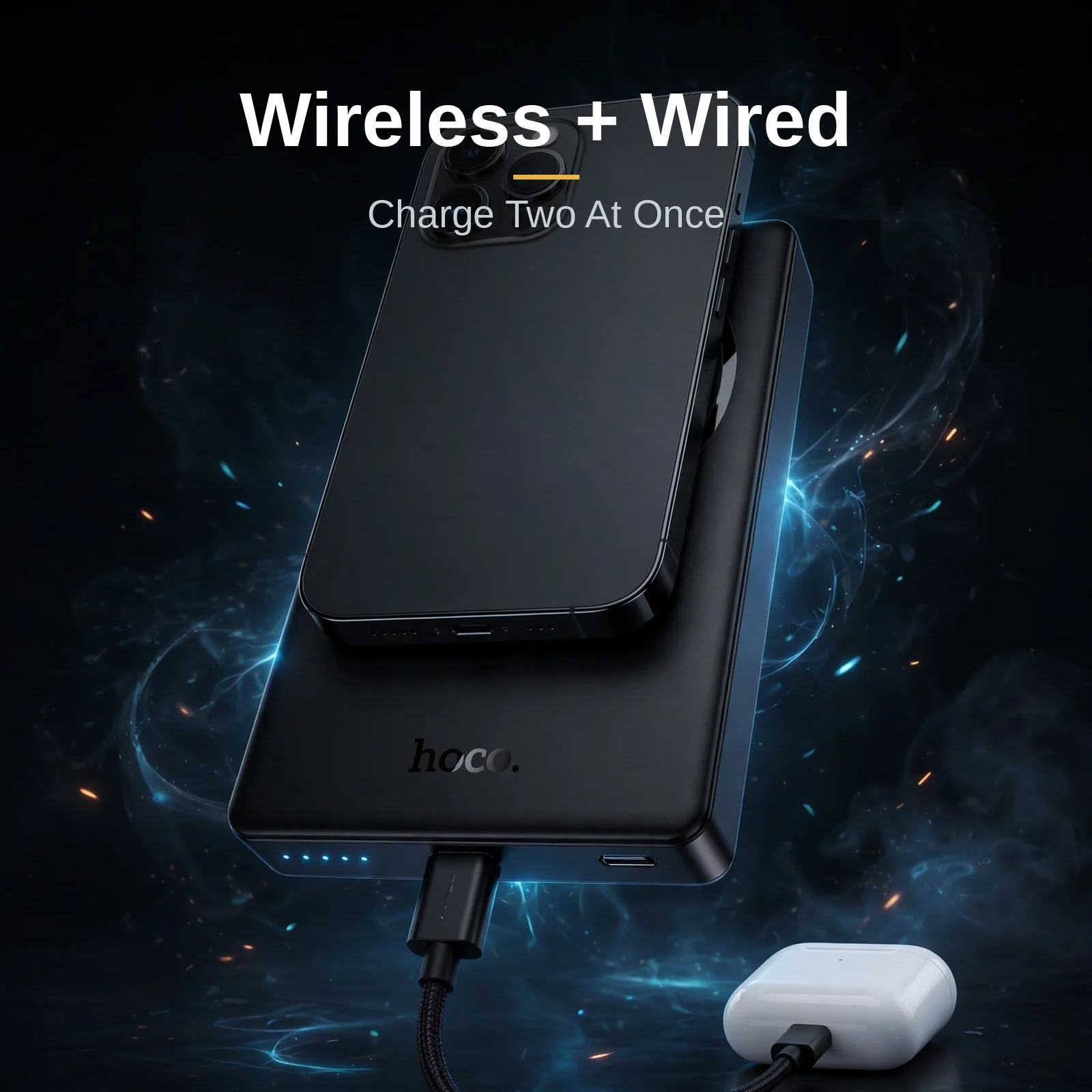 Hoco DB98A Storm charging an iPhone wirelessly while charging earbuds through the USB-C port at the same time