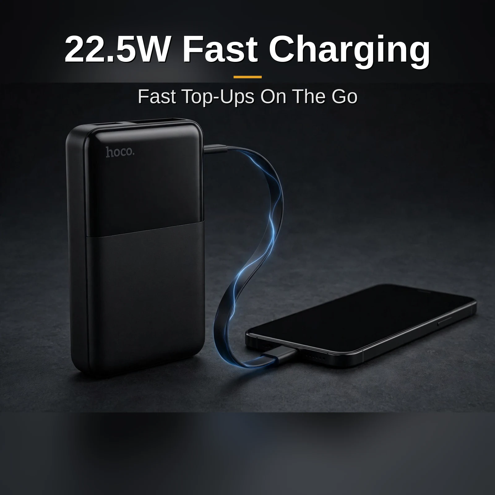 Hoco DYM12 power bank price — Hoco DYM12 22.5W fast charging power bank with built-in cable charging a smartphone