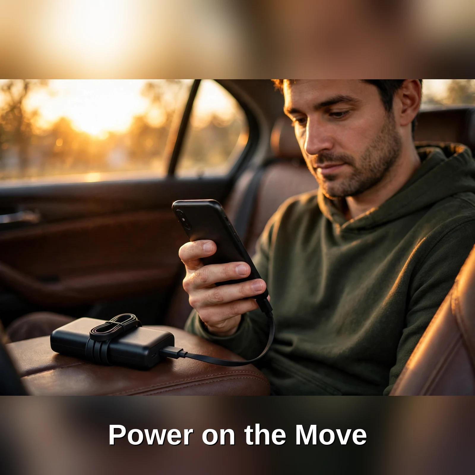 Man charging his phone from the Hoco DYM12 power bank in a car during commute