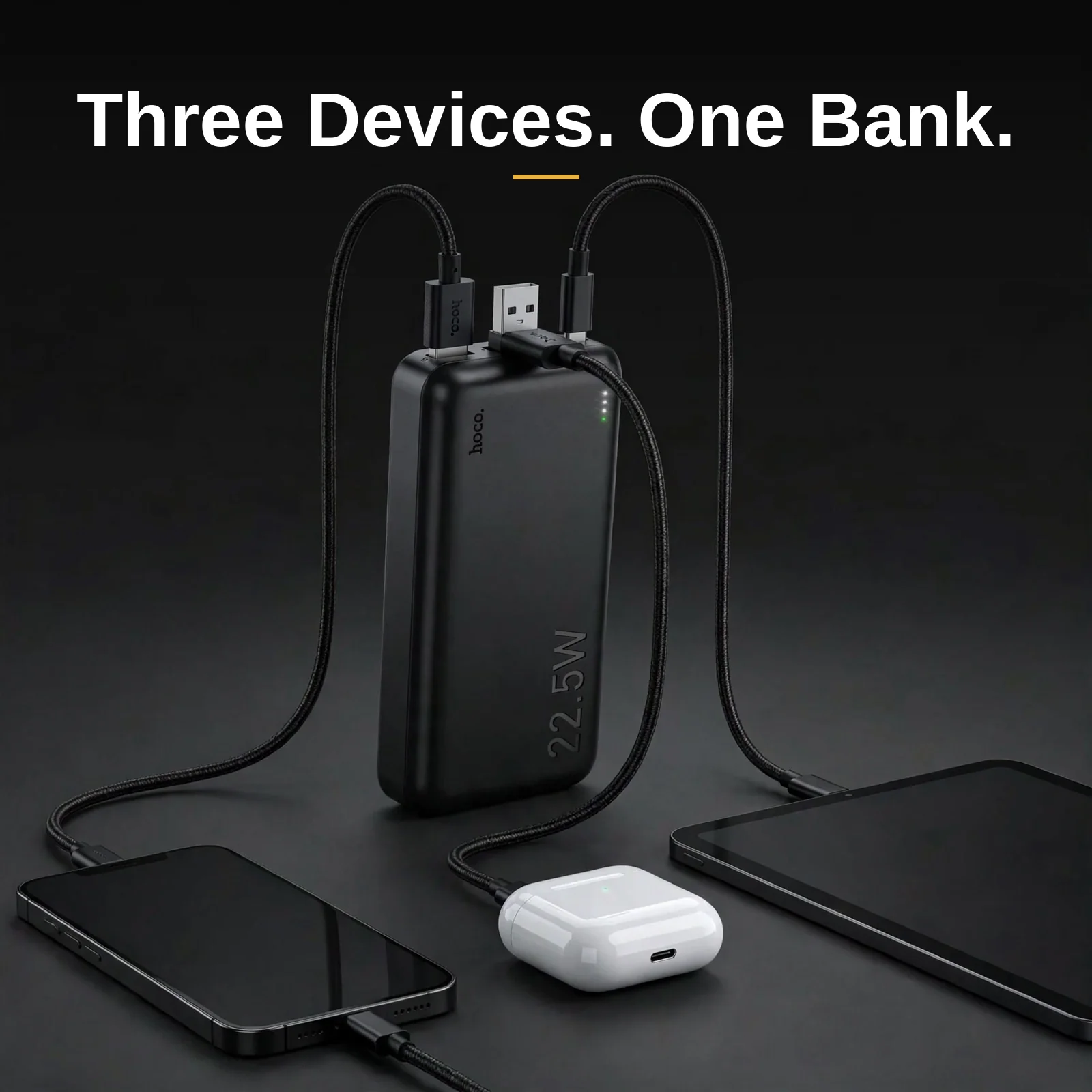 Hoco J101A power bank price — 20000mAh fast charging bank powering a phone, earbuds and a tablet at the same time