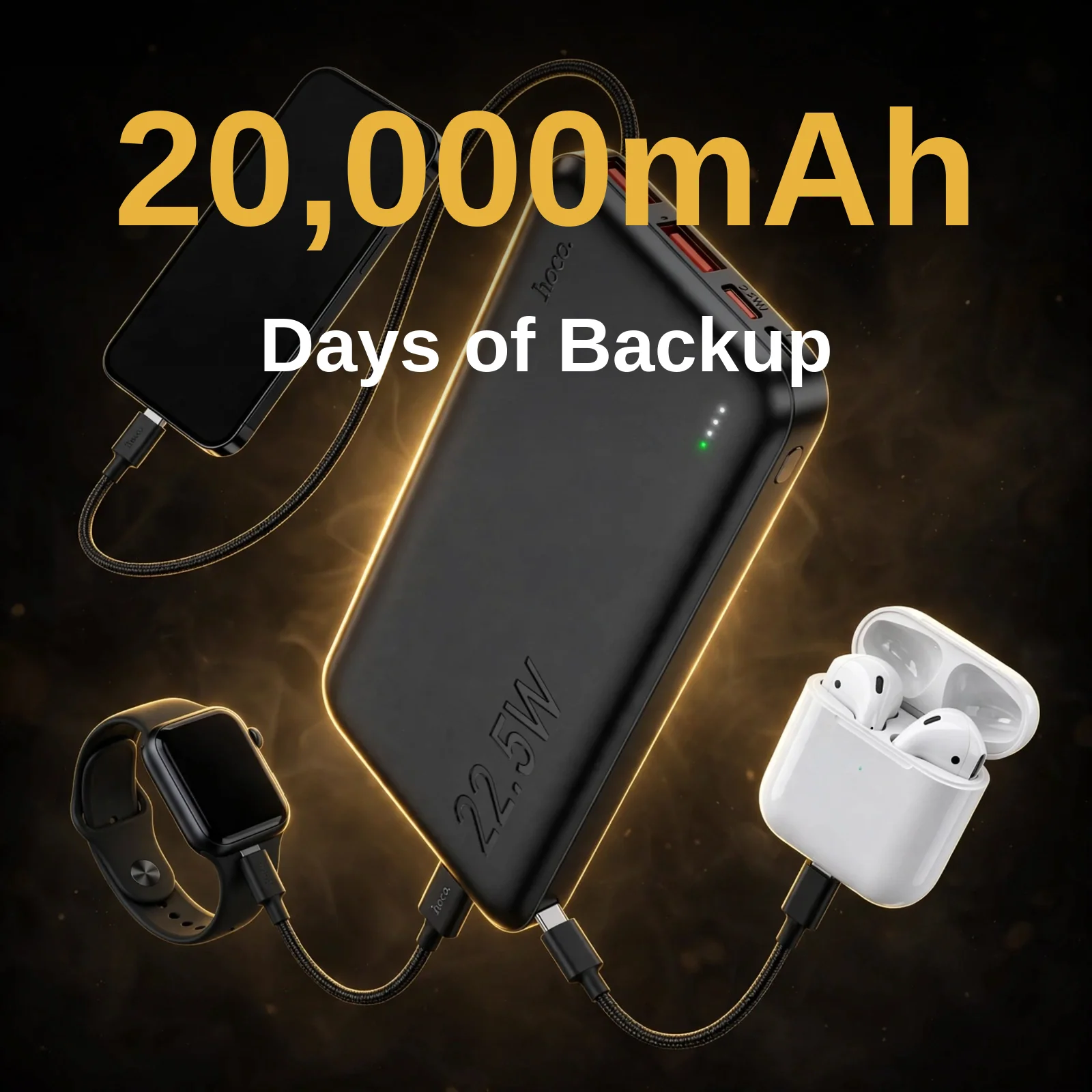 Hoco J101A 20000mAh power bank with 22.5W fast charging alongside a phone, smartwatch and earbuds