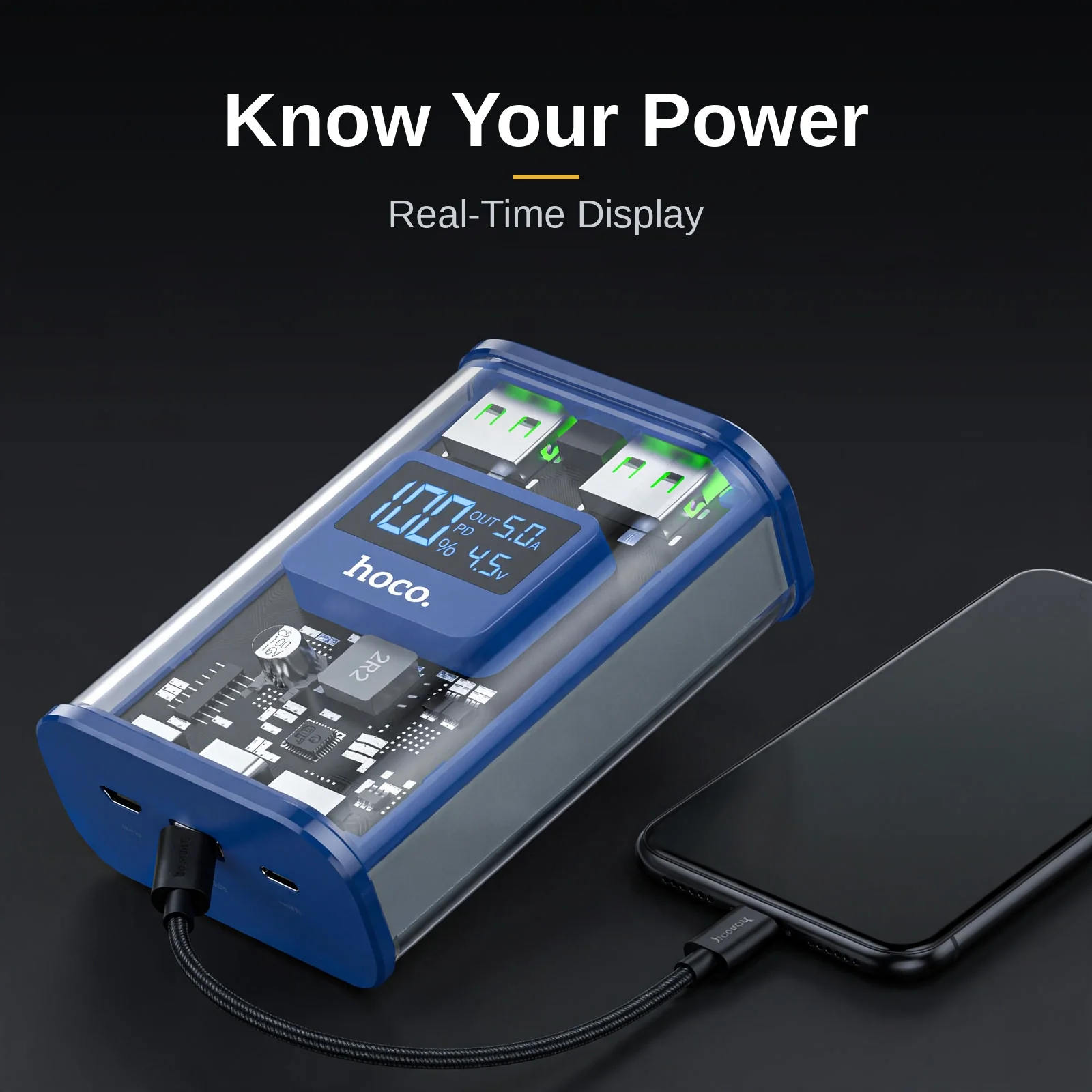 Hoco J105 power bank price — Hoco J105 blue power bank at a three-quarter angle with the LED digital display lit, connected to a phone by cable