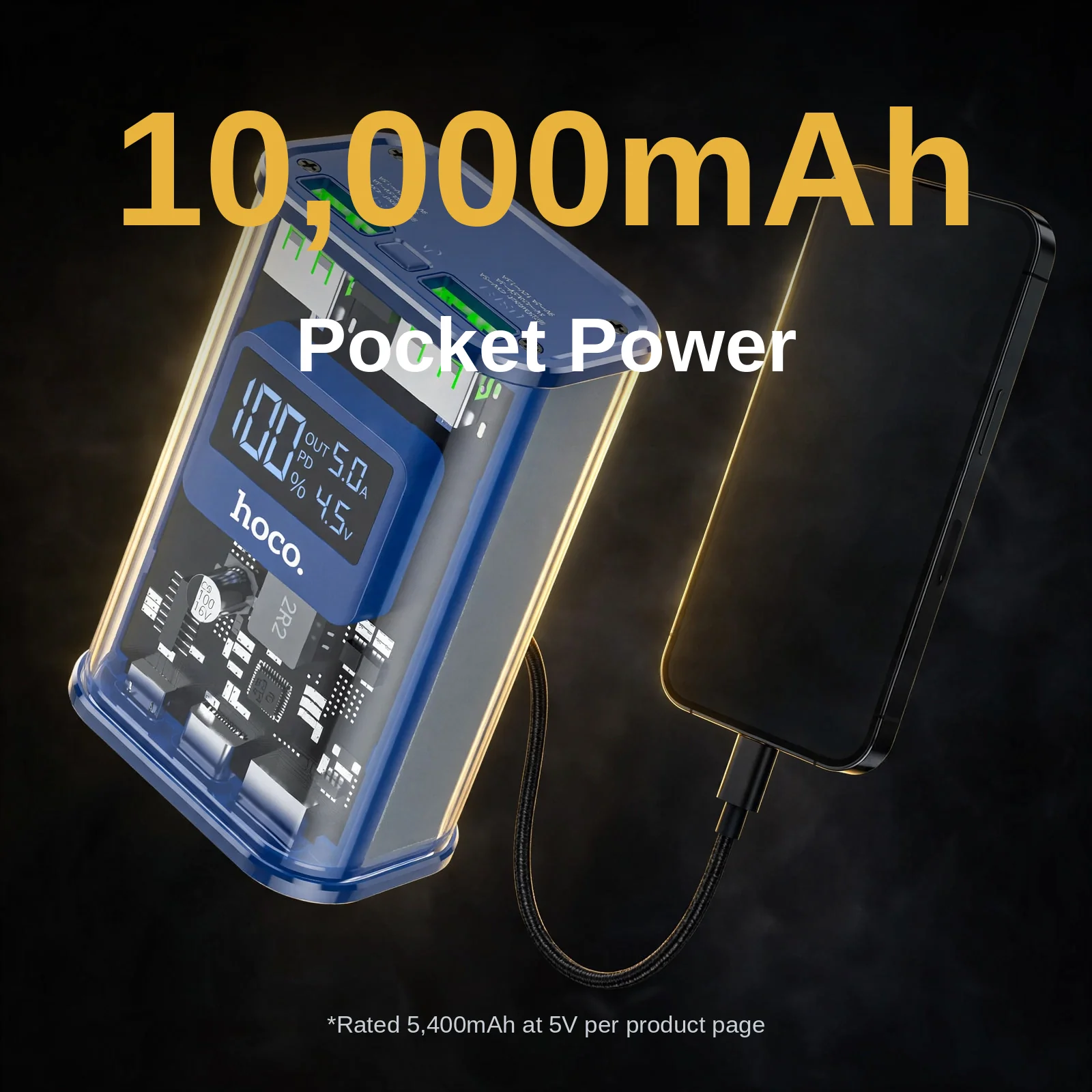 Hoco J105 10000mAh power bank with golden glow beside a phone, highlighting pocket-sized high capacity