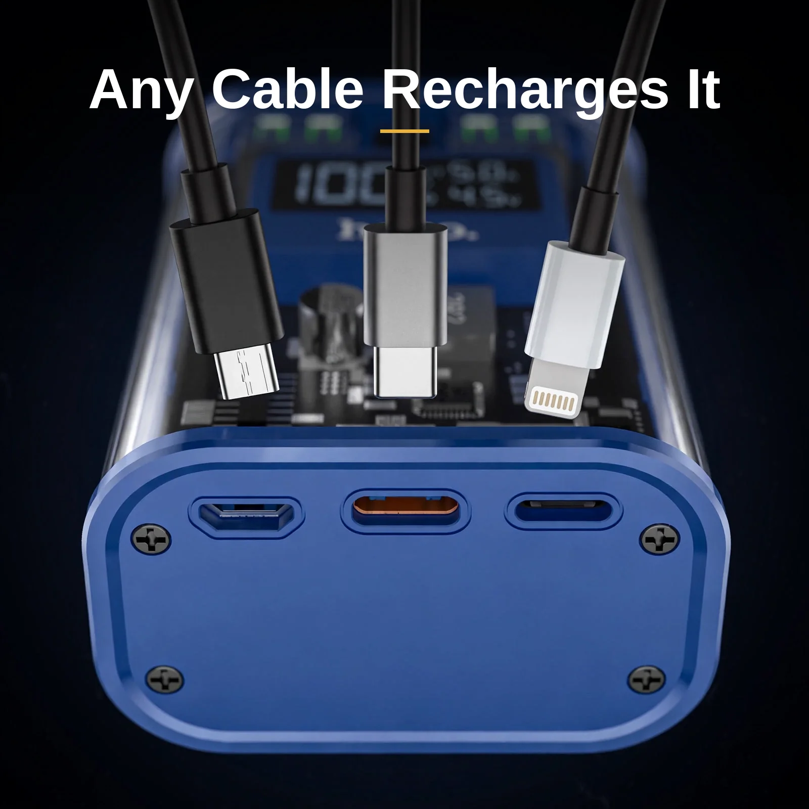 Bottom end of the Hoco J105 with Micro-USB, Type-C and Lightning input ports and three matching cable connectors above them