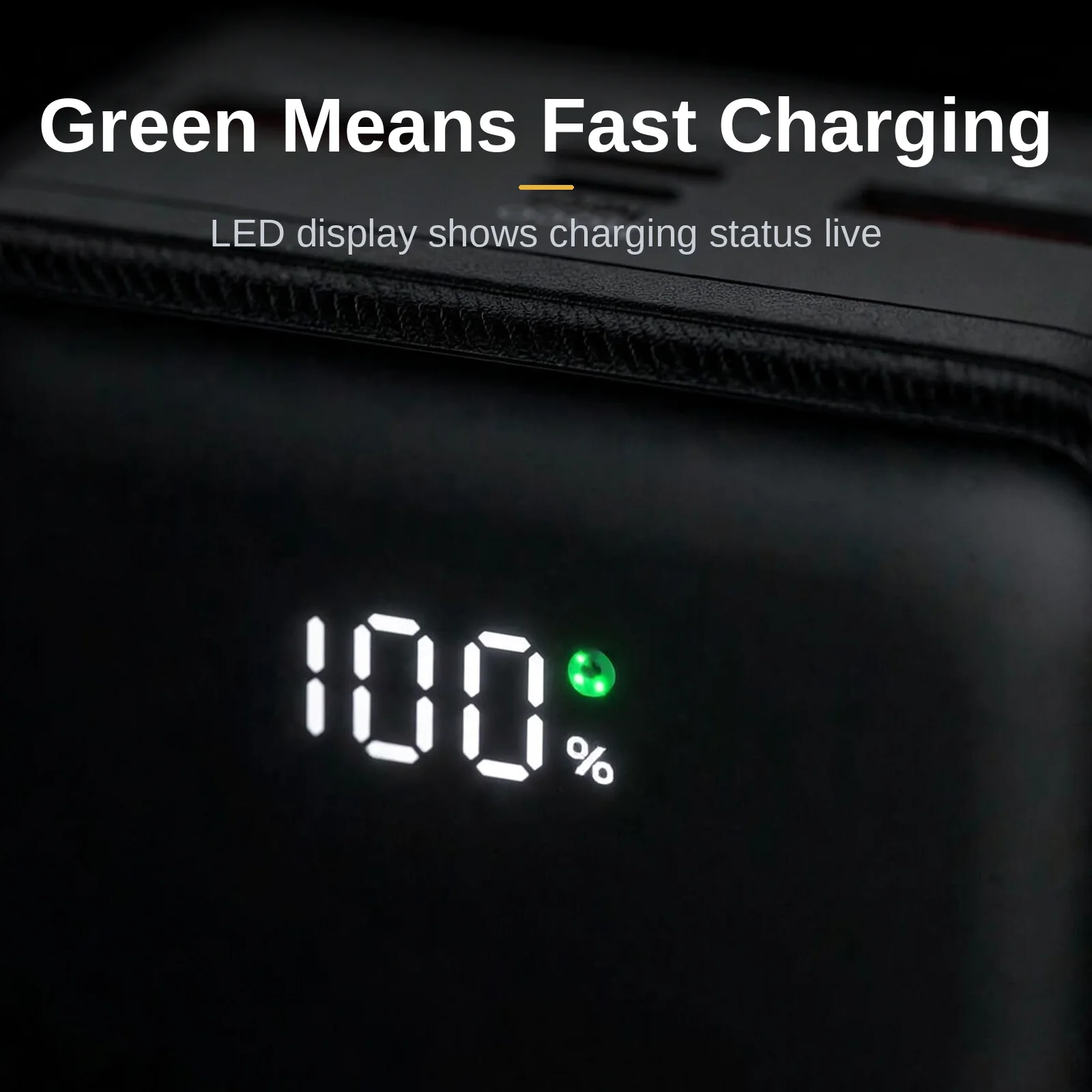 Close-up of the Hoco J136B LED digital display showing 100 percent with green fast-charging indicator