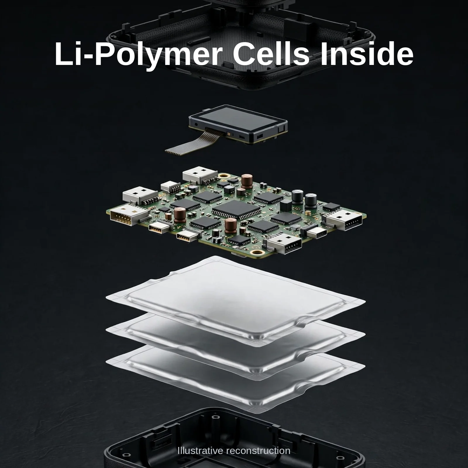 Exploded view showing lithium-polymer cells and circuit board inside the Hoco J136B