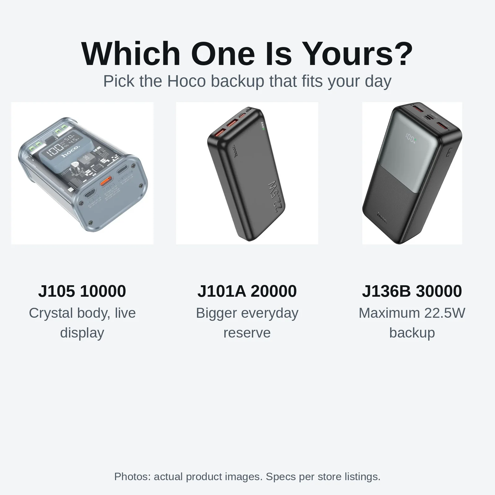 Hoco power bank lineup comparison: J105, J101A and J136B 30000mAh