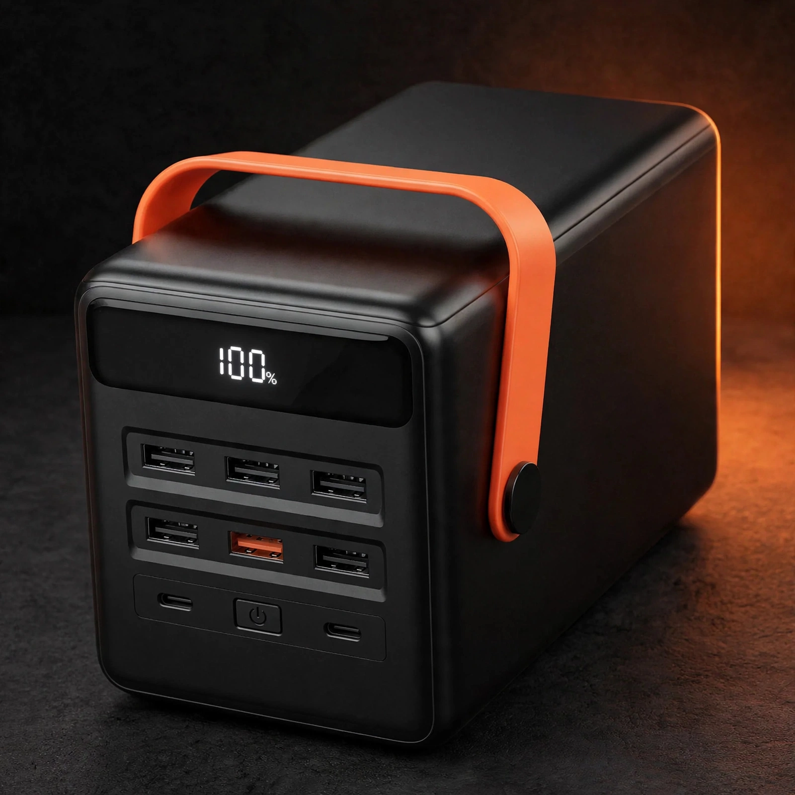 Hoco J142 power bank price — Hoco J142 100,000mAh 22.5W power bank, black brick with orange strap, eight ports and LED display