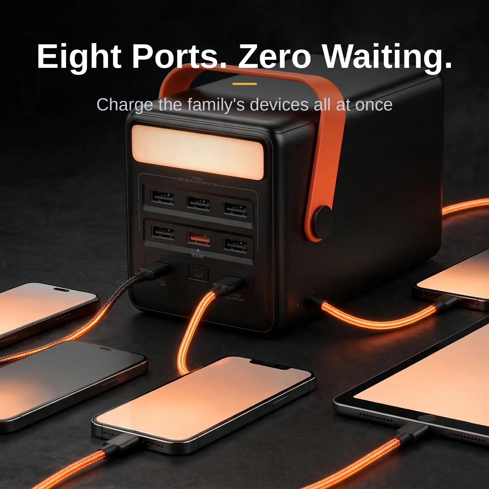 Hoco J142 charging four phones and a tablet at once through its eight USB ports