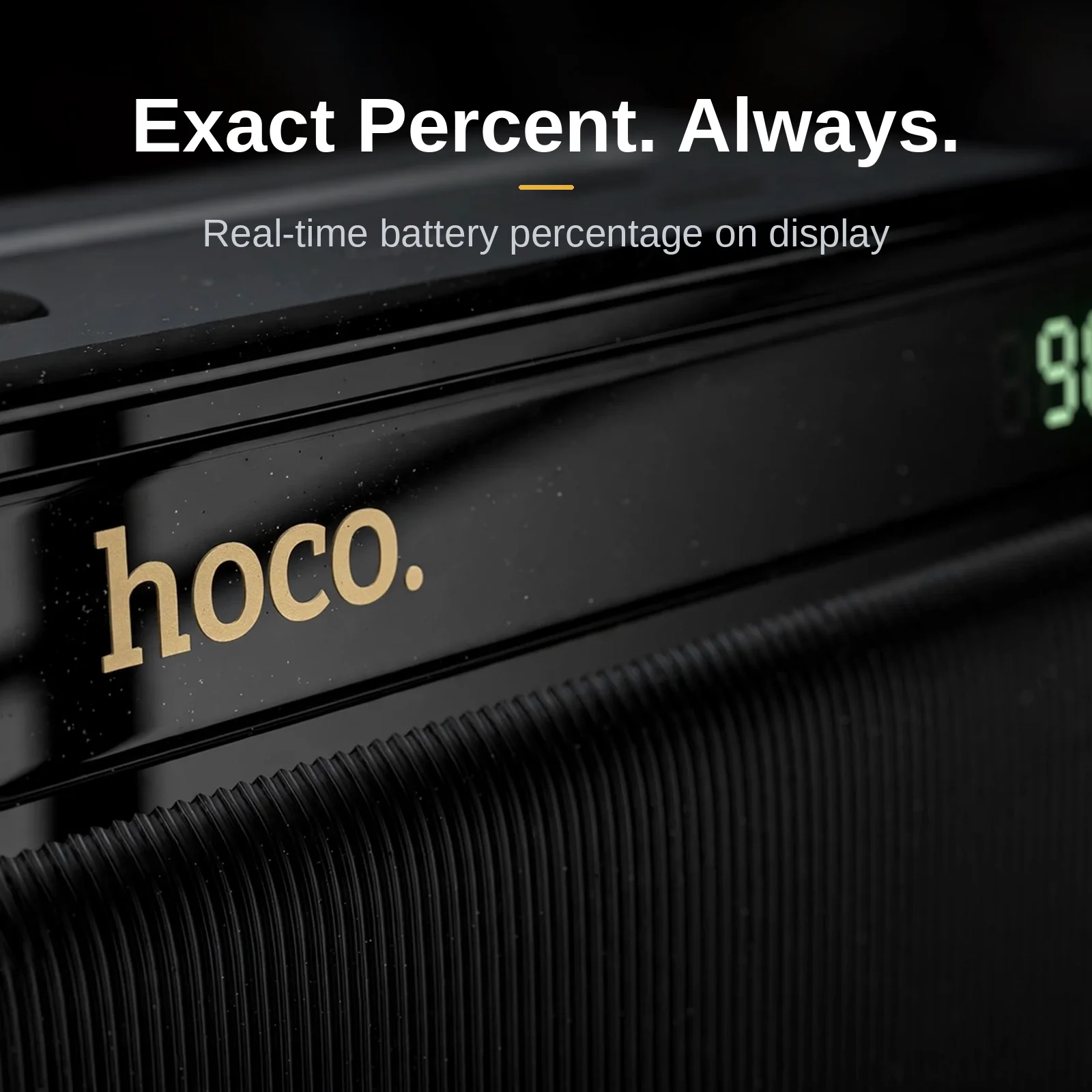 Close-up of the Hoco J161 LED display showing exact battery percentage with hoco. logo