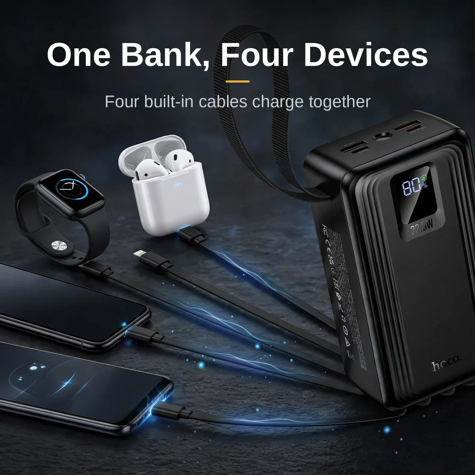 Four devices charging simultaneously from the Hoco J173A